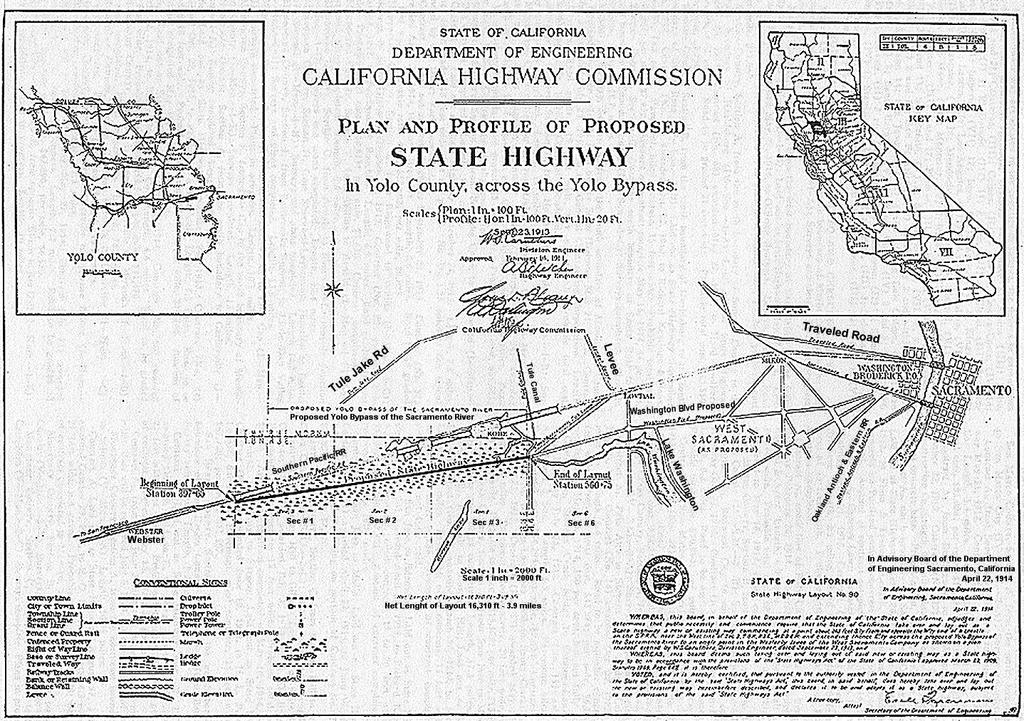 California Highway Bulletin Vol. 11 No. 1 July 1, 1914. Plan and profile of State Highway across Yolo Bypass This is Route 6 Section B in Yolo County.