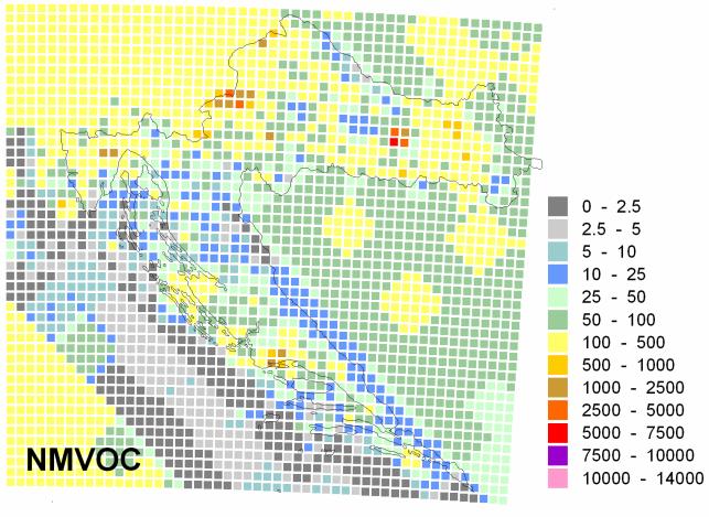 3.7.1. Prostorna razdioba emisija nemetanskih lakohlapivih organskih spojeva (NMVOC) na različitim prostornim rezolucijama, 10 km x 10 km (lijevo) i 50 km x 50 km (desno).