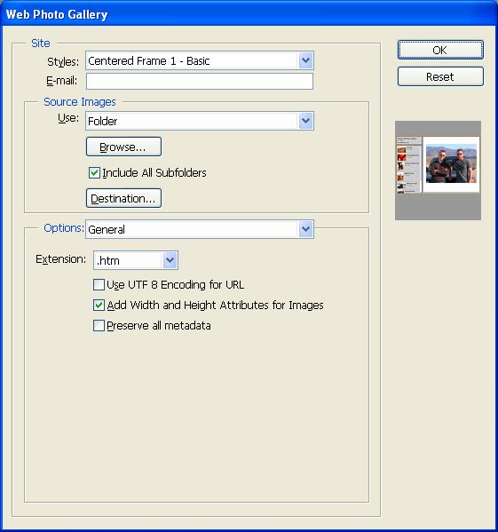IZRADA WEB GALERIJE U Photoshop-u biranjem komande File / Automate / Web Photo Gallery pokreće se automatska alatka koja fotografije obradi i postavi minijaturne prikaze na glavnu stranicu, a zatim