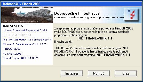 Korak 2. Instalacija Microsoft.NET FRAMEWORK (program potreban za ispravan rad programa FINBOLT 2007 tvrtke BOLTANO d.o.o.). Ukoliko na Vašem računalu imate instaliran program Microsoft.