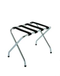 High Back Luggage Rack Brushed chrome steel finish Protective high back wall guard Protective nylon bumpers on back wall guard Sturdy, rivet-hinge joint Extra wide 2-1/4 polypropylene webbing Plastic