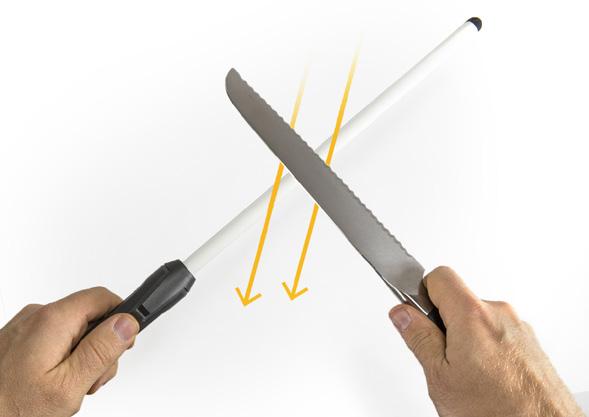 Hold handle horizontally. 3. Lay the knife flat on the rod with the flat side of the blade resting on the rod.