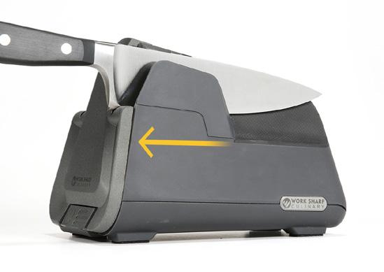Continue alternating sides until the machine automatically shuts off. TIP: The sharpener will automatically decrease in speed as it switches from the SHARPEN stage to the REFINE stage.