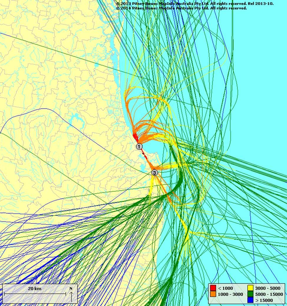 3 Aircraft Movements and Altitude 3.1 Jet Arrivals / Departures by Altitude Figure 4 below shows jet aircraft track plots for arrivals and departures at Gold Coast Airport coloured by altitude.