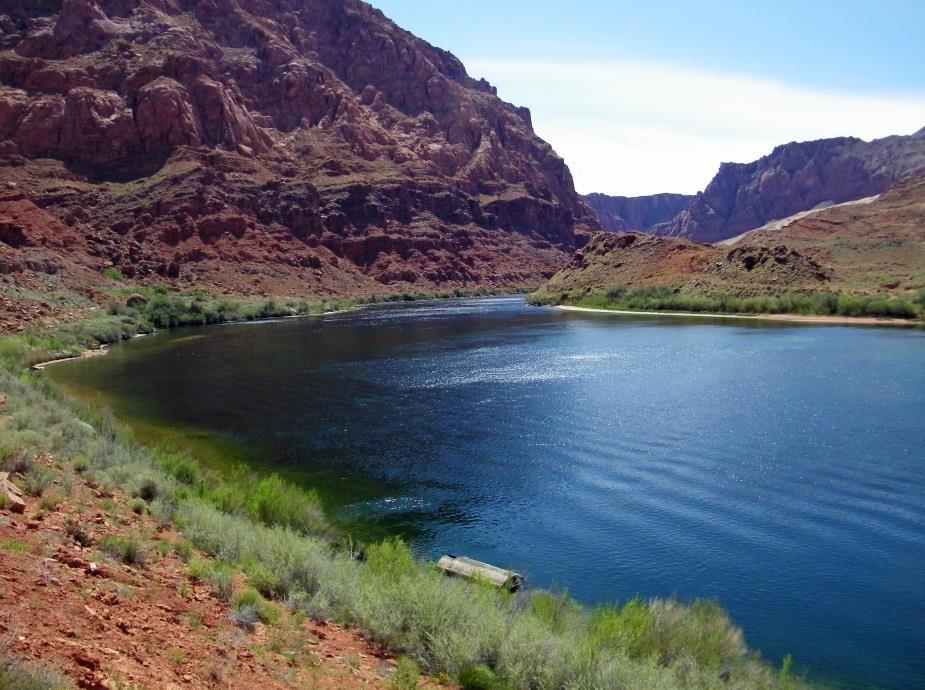 View of the Colorado River upstream where it exits the south end of Glen Canyon.