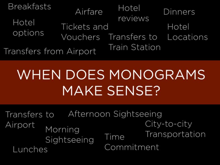 So when does Monograms make the most sense? TRANSITION Now. when a client comes at you with this requests for transfers, meals, airfare, hotels, train tickets all of this can be solved with Monograms.