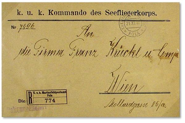 This official registered cover was sent from the Headquarters of the Naval Aviation Corps in Pola to Vienna in November 1917.