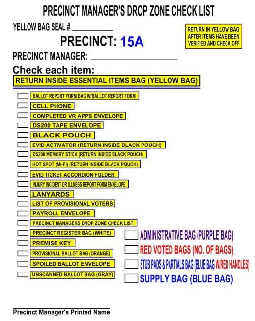 PRECINCT MANAGER S DROP ZONE CHECK LIST Upon verification of placing the Essential Items in the
