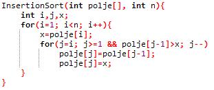 Slika 11. Jednostavno sortiranje umetanjem - C++ kod (Prilagođeno prema Mangeru, 2013, str. 108) Analiza složenosti ovog algoritma je kvadratna.