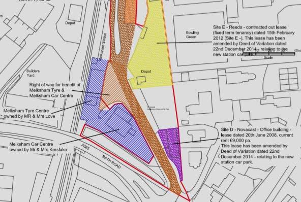 Potential Area for new station concourse, pickup/drop off area and entrance Site E - Reeds contracted out lease Site vacant June 2016 Potential site for Melksham Tyre Centre Right