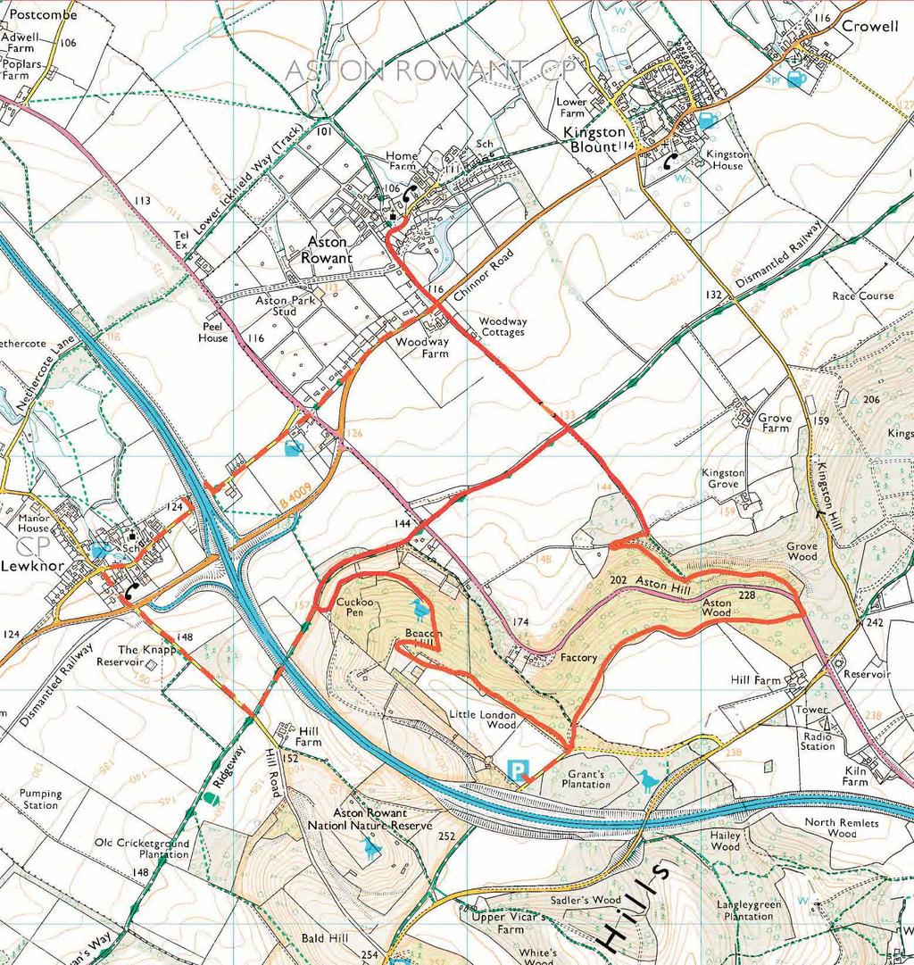 The walk was developed by Aston Rowant Parish Council. The Trail is stile-free and fully way-marked. The circular route is 5.3m but with the extension to a pub and hotel 6.2m.