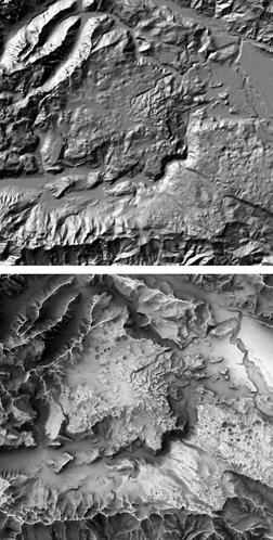 Slika 3: Relief na obmo~ju vzhodnih Julijskih Alp; analiti~no sen~enje zgoraj in dele` vidnega neba spodaj (vir podatkov: GU RS DMV 12,5, lo~ljivost 50 m, polmer 3000 m, 16 smeri).