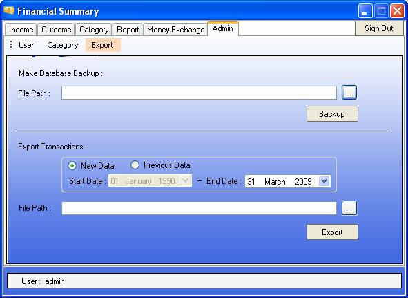 Export (Pravljenje Excel Izveštaja unetih transakcija i rezervne kopije baze podataka): Export stavka podmenija Admin dela, prikazana na sledećoj slici, nudi korisniku mogućnost pravljena rezervne