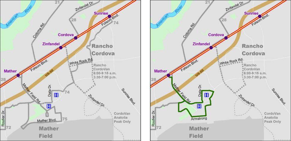 Potential Changes to Routes 74 and 75 Existing Coverage Proposed Coverage The new Mather area route would cover most of the existing Route 75 and the western portion of Route 74.