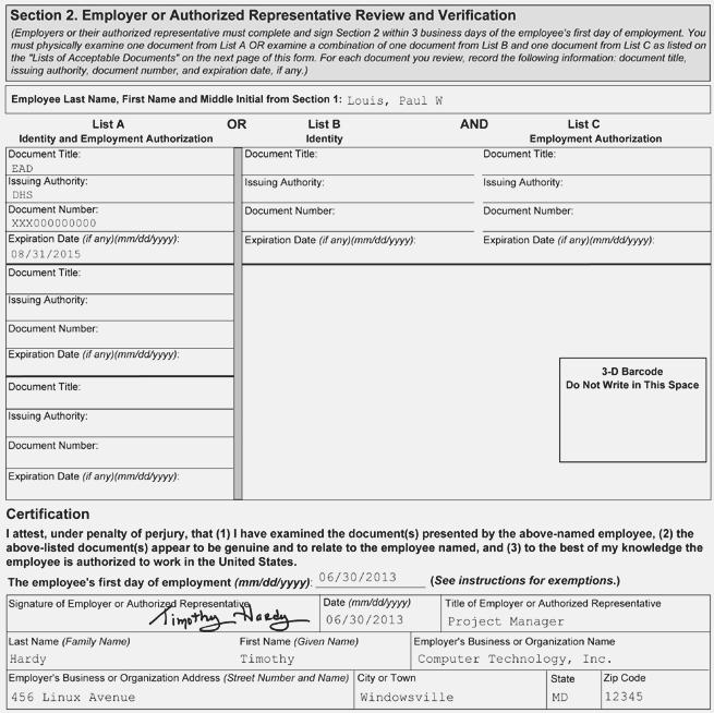 1 2 3 4 5 Figure 10: Completing Section 2 of Form I-9 for F-1 Nonimmigrant Students with OPT 1 2 3 4 5 Enter the student s name from Section 1 at the top of Section 2.
