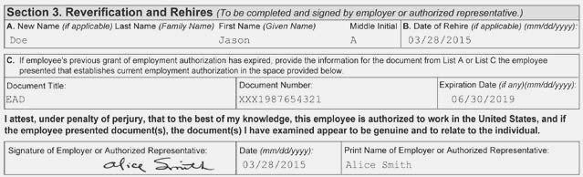 1 2 3 4 Figure 11: Completing Section 3: Reverification and Rehires 1 2 3 4 Enter the employee s new name, if applicable, in Block A. Enter the employee s date of rehire, if applicable, in Block B.