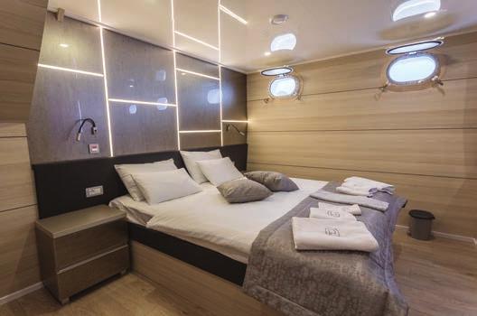 Beds may be twin or double on the lower and main decks. The Upper and Sun decks only have double bed. There are no triple cabins. Vessel can accommodate 42 passengers with its 20 guest cabins.