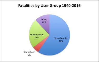 Figure 4 depicts the proportion of avalanche fatalities by user group (skier/snowboarder, snowshoer, snowmobiler, and other (camper, foot, climber, etc.).