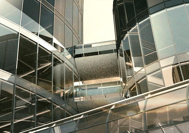 From the skyways you will enter the first level reception lobbies where a double height space offers views down to the
