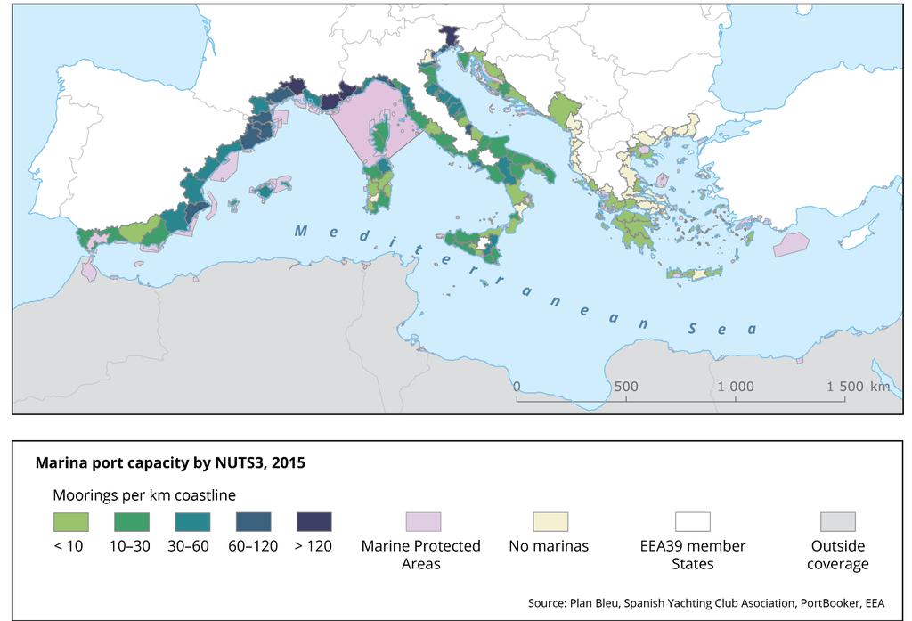 Marina port capacity in the Mediterranean (2015) No marina data Source: Own