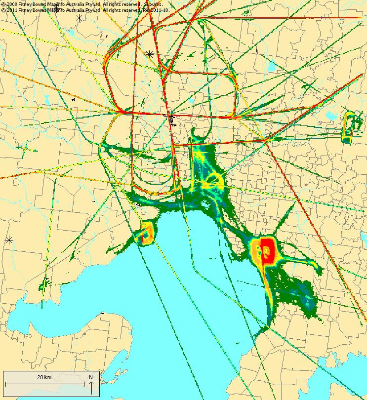 Figure 5 Track density plot for the Melbourne region, Quarter 3 of 2012 64 2 6 61 Lilydale Airport Melbourne Airport 60 3 4 Essendon Airport RAAF Point Cook Airport Moorabbin Airport Avalon Airport