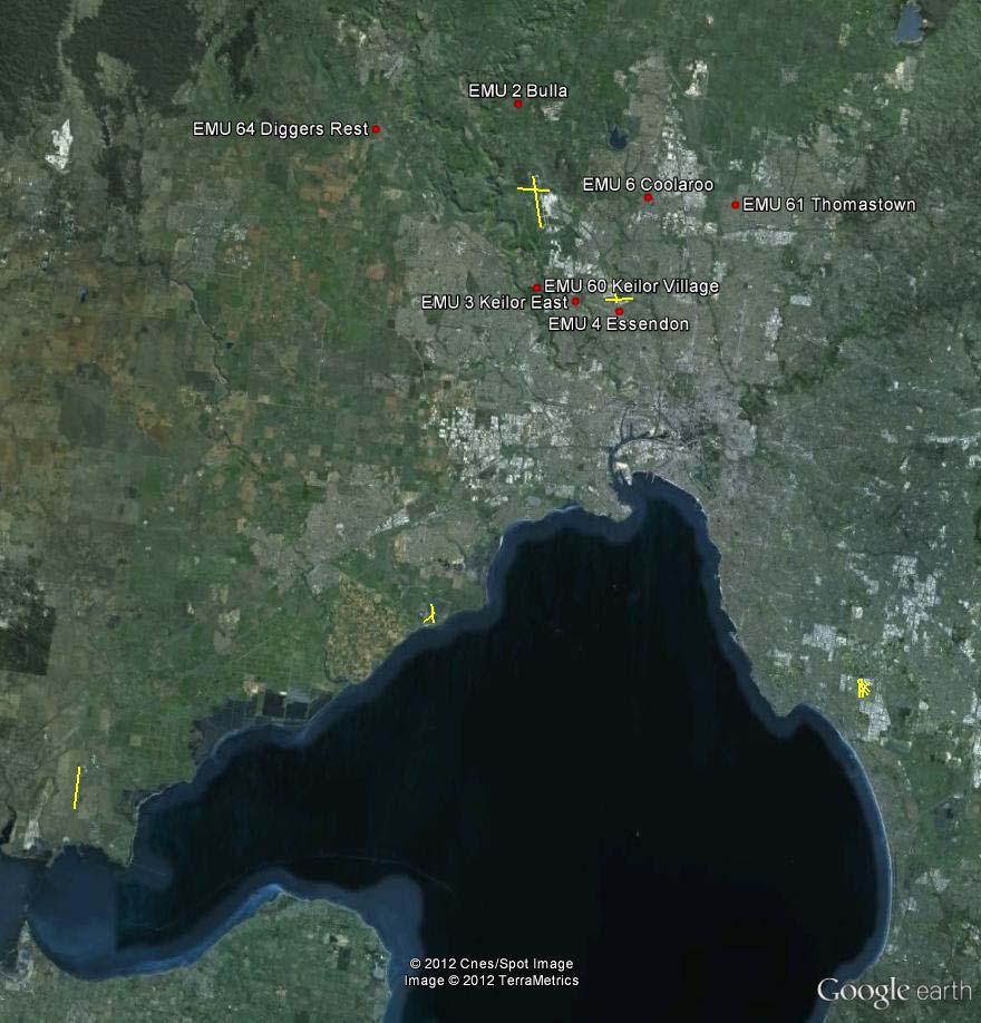 Figure 1 Location of Melbourne, Essendon, Avalon and Moorabbin airports. (Noise monitoring sites are shown as red dots).