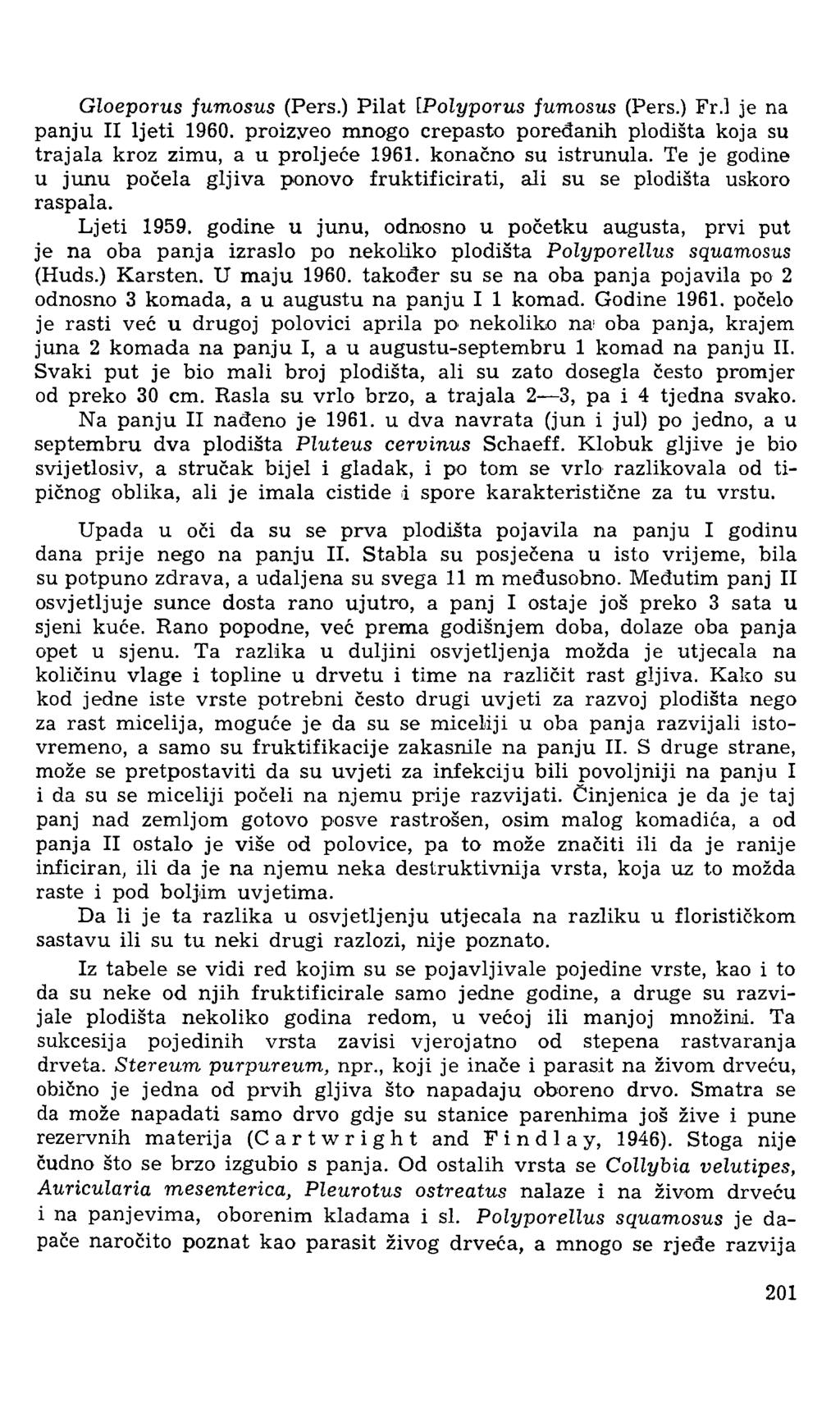 Gloeporus fumosus (Pers.) Pilat [Polyporus fumosus (Pers.) Fr.l je na panju II ljeti 1960. proizyeo mnogo crepasto poredanih plodišta koja su trajala kroz zimu, a u proljeće 1961.