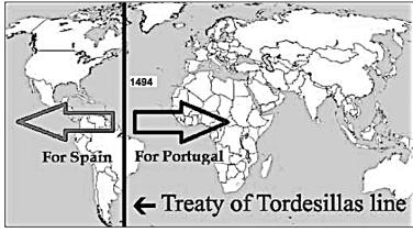 The Treaty of Tordesillas divided South America between Spain and Portugal.