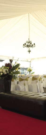 MARQUEE HOSPITALITY Premium Marquee Exclusive silk lined marquee with carpeted floor Picket fenced garden area with outdoor tables, chairs and umbrellas OPTION A Dining setting of round tables for 10