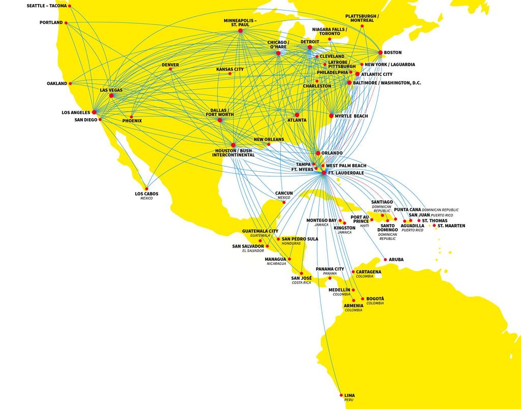 80 Aircraft Serving Over 190 Non-Stop Markets Route selection based on optimizing operating margin and utilization 375+ daily flights to 56 destinations Diversified network Low frequency, primarily