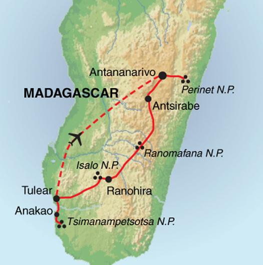 Highlights of Madagascar - Trip Notes General Trip info Map Trip Code: EWZIA Trip Length: 14 Trip starts in: Antananarivo Trip ends in: Antananarivo Meals: The food in Madagascar is generally of a