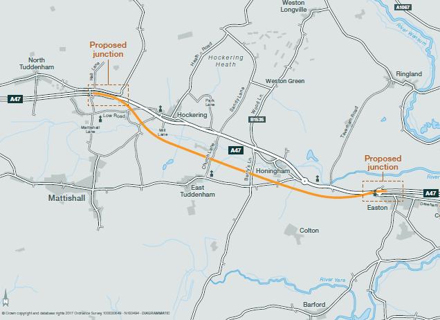 2.5 Proposed Option 4 2.5.1 Option 4 proposes building a new dual carriageway to the south of the existing A47. 2.5.2 The new dual carriageway follows an alignment running to the south of the existing A47 and to the south of the River Tud.