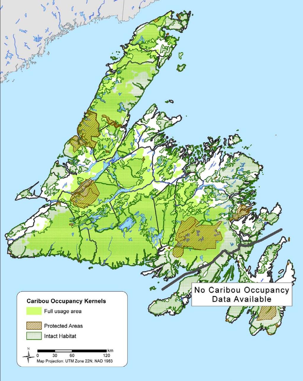 Figure 6 Areas of highest caribou use as determined by recent satellite and radio tracking of caribou in comparison to large intact habitat landscapes.