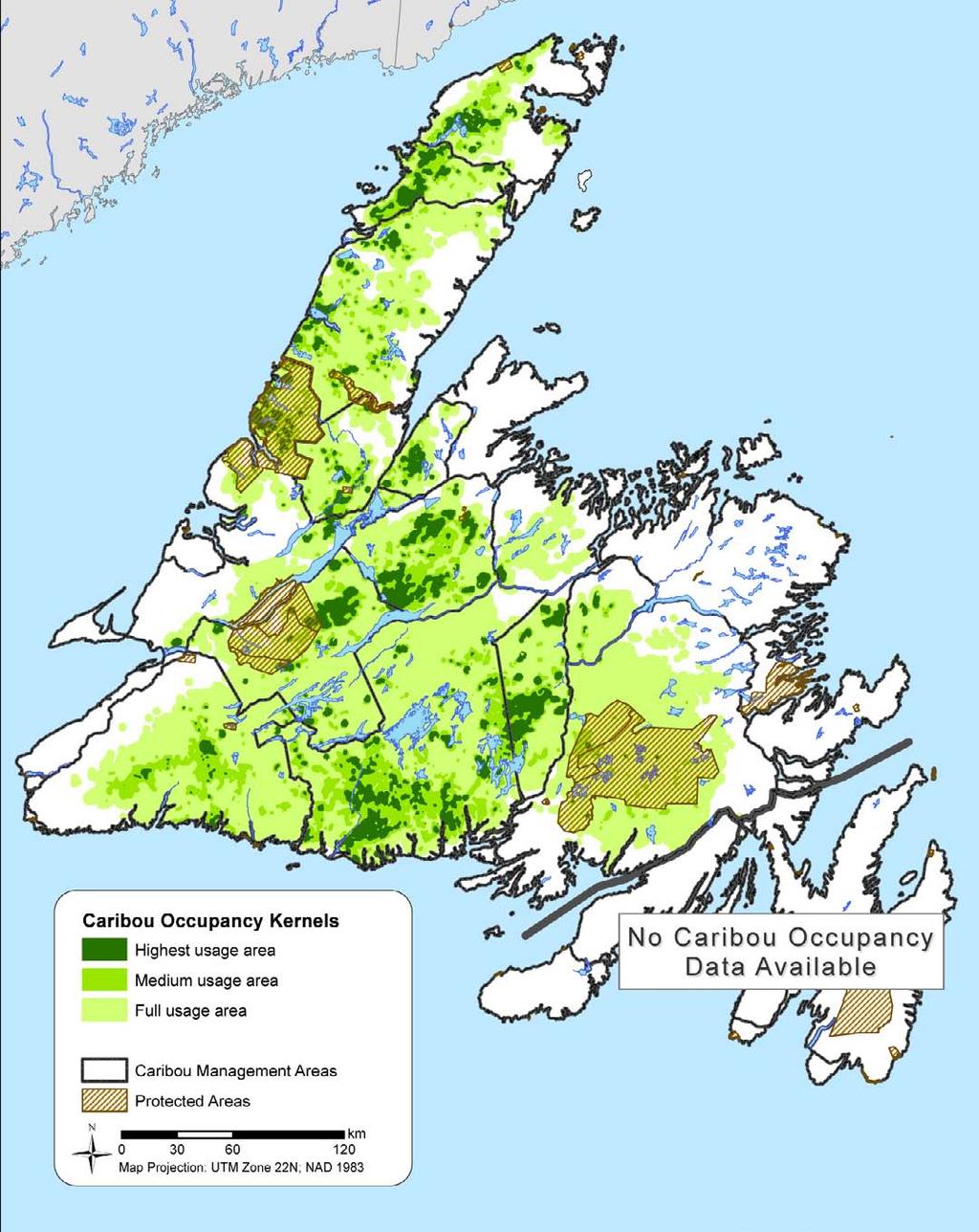 Figure 2 Areas of highest caribou use as determined by recent satellite and radio tracking of caribou in comparison to