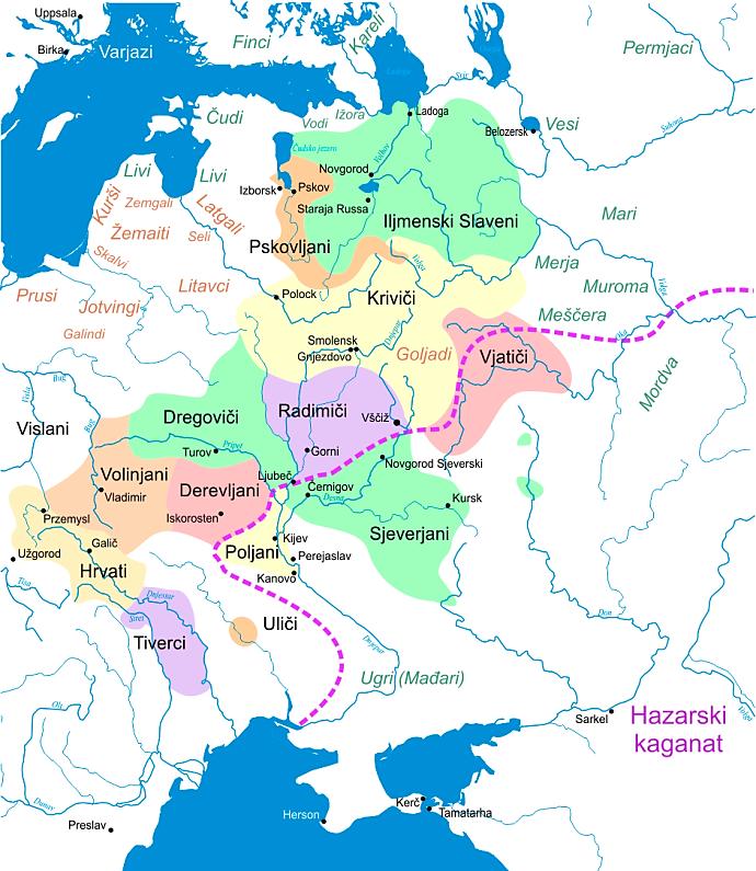 Istočna i sjeverna slavenska plemena, i susjedni narodi (Balti na zapadu, većina Ugrofinaca na sjeveroistoku, osim ugarskih/mađarskih plemena na jugu) u doba stvaranja Kijevske Rusije.