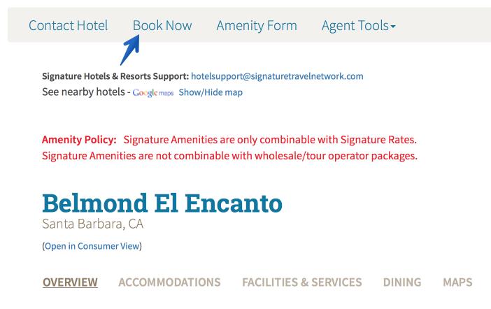 2) At the top of the Hotel Profile click the link to Book Now to launch the HotelConnection booking tool A benefit of using HotelConnection is that the