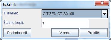 U novom prozoru, iz padajućeg spiska izaberemo štampač Citizen CT-S310II kojim nameravamo