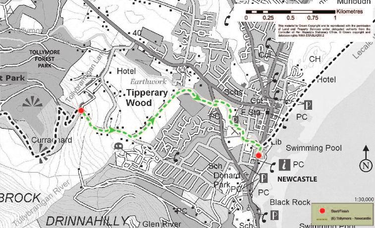 SECTION 6 - TOLLYMORE TO NEWCASTLE TOLLYMORE TO NEWCASTLE - SECTION 6 A paved footpath now leads past various recreational facilities and along the river bank, bringing you to a footbridge.