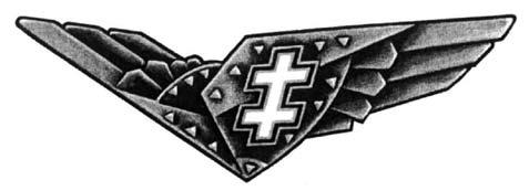 gelumbėje išsiuvinėti stilizuoti sparnai su sukryžiuotais kardais centre, virš kurių buvo Vyčio kryžius, o po jais atitinkamą kvalifikaciją žyminčios raidės: L karo lakūnas, Ž oro žvalgas.