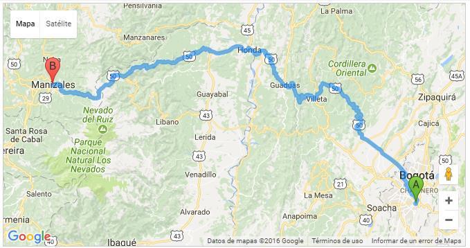 4 Getting to Manizales by air Satellite map Distance Bogotá to Manizales by plane (straight line): 168 km (104 miles). Flight time: 40 minutes.