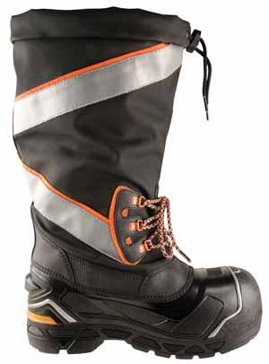 The high-cut, lace-up boots have thick rubber soles for improved traction, composition toes and plates, and electric shock resistance. Airframe lining. Waterproof leather upper. 400g T-Max insulation.