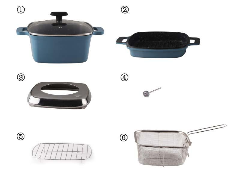 Components: 1. 9.5 Square Fry Pan w/glass Lid-4.8qt capacity 2. 9.5 Square Grill Pan-doubles as lid for fry pan 3.