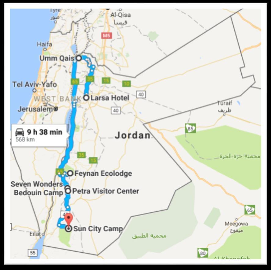 Map of Route Group Size: 4-12 People Price per person - $599 Inclusions 1 night in B&B in the North 1 night at Feynan Ecolodge 1 night permanent Bedouin camp 1 night at Wadi Rum camp All food and