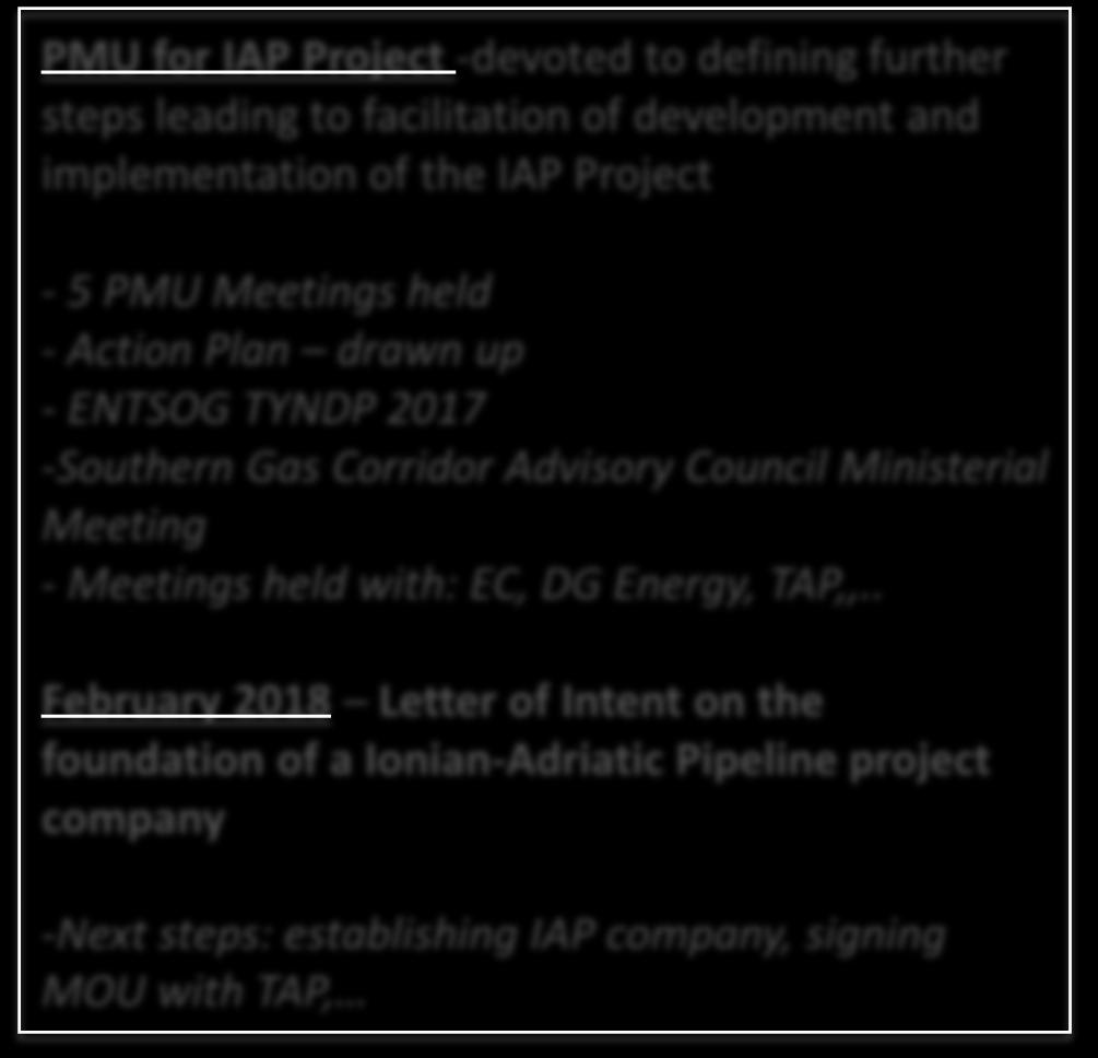 of the IAP Project - 5 PMU Meetings held - Action Plan drawn up - ENTSOG TYNDP 2017 -Southern Gas Corridor Advisory Council Ministerial Meeting - Meetings held with: EC,