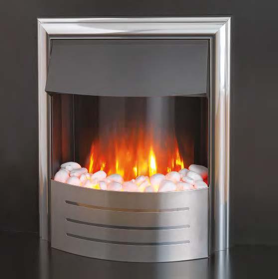 of fuel effects: Pebbles or Coal Silver colour finish Hidden heater with 2 heat