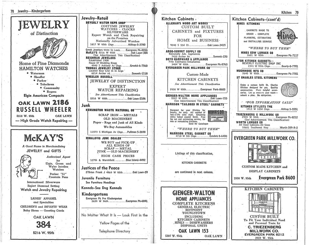 78. Jewelry-Kindergartens JEWELRY of Distinction Home of Fine Diamonds HAMILTON WATCHES.. Waterman o Sheaffer o Parker o Telechron e Community. Rogers Elgin Amer-ican Compacts OAK LAWN.2186 RUSSELL.