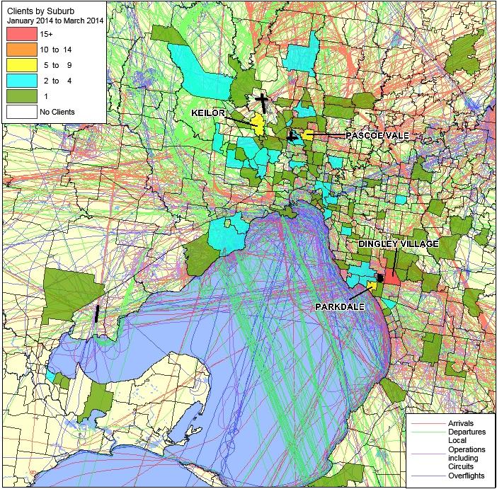 Figure 27: Client density by suburb for Quarter 1 of 2014 with an overlay of tracks for sample period 1 to 3 February 2014 at Melbourne Airport, Essendon