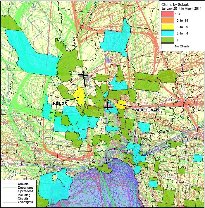 Figure 28: Client density by suburb for Quarter 1 of 2014 with an overlay of tracks for sample period 1 to 3 February 2014 at Melbourne, Essendon, Moorabbin, Point Cook and Avalon Airports (zoomed in
