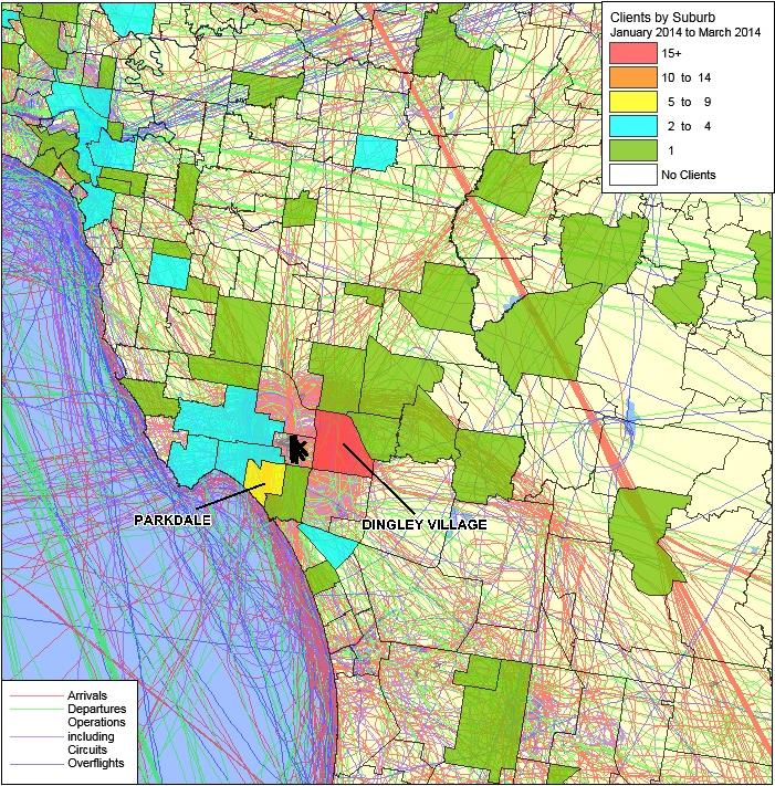 Figure 29: Client density by suburb for Quarter 1 of 2014 with an overlay of tracks for sample period 1 to 3 February 2014 at Melbourne, Essendon, Moorabbin, Point Cook and Avalon Airports (zoomed in