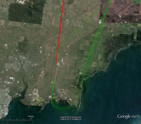 Figure 4: Jet paths for Melbourne basin, zoomed in on Avalon and Essendon airports. Key points shown in Figure 3 and Figure 4 are: The vast the majority of jet traffic occurs at Melbourne Airport.